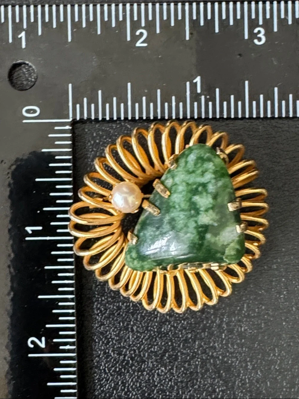 VTG Modernist Gold Tone Brooch with Jade Stone and Faux Pearl Kramer Era